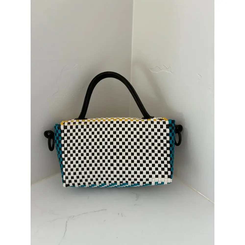 Truss Mini Top Handle Cross Body Plastic Woven Checkered Yellow Blue White Black